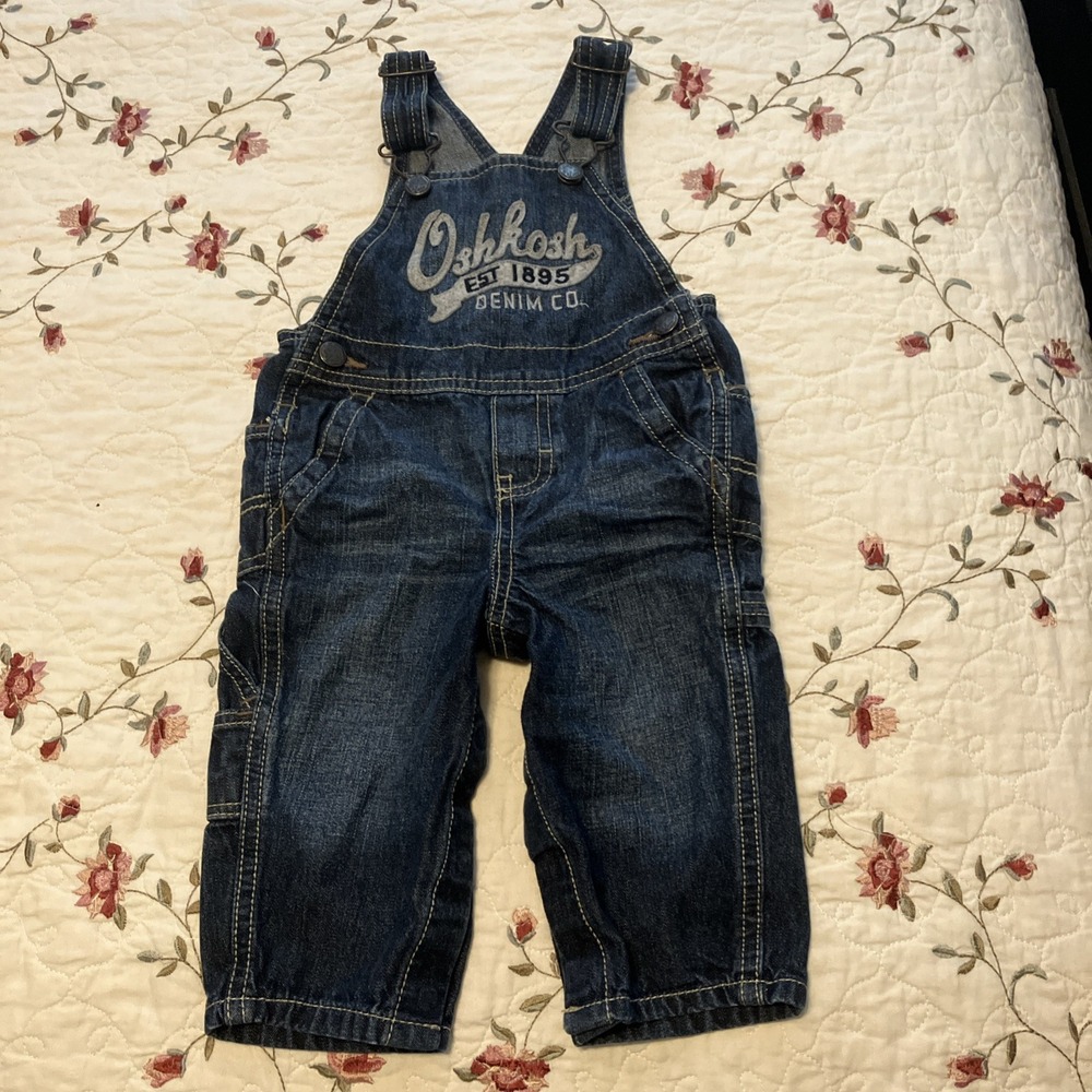 OshKosh B'gosh Overalls Boys 6-9M Blue Denim Bib Logo Snap Leg Pockets Toddler
